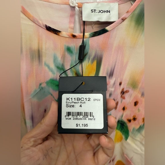 NWT St. John Womens Floral Print Silk Mini Dress 4 Ecru/Peach Multi Designer - Picture 4 of 12